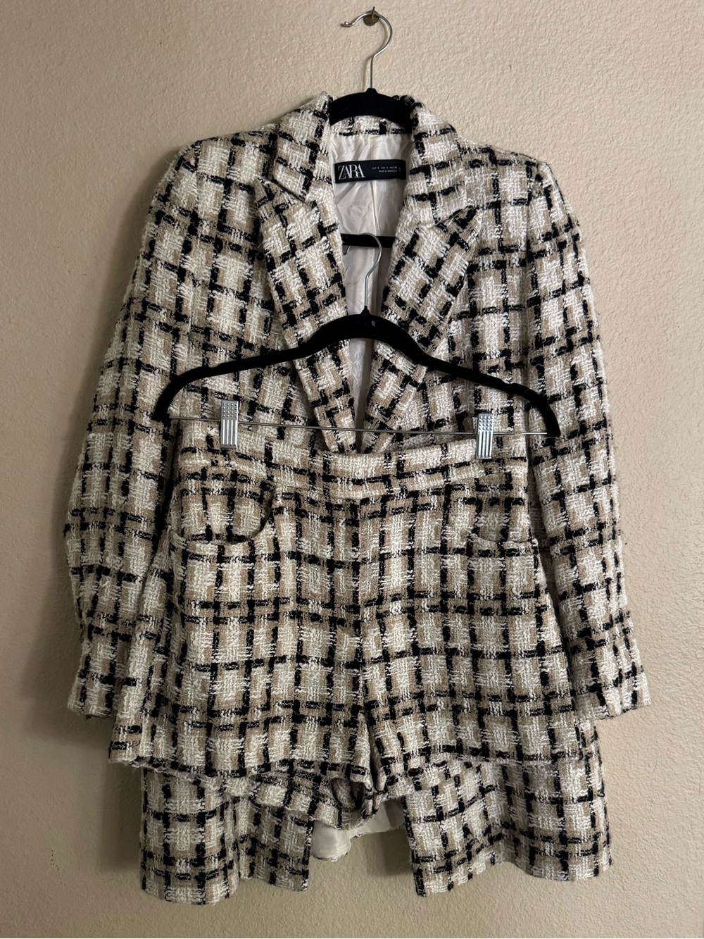 Zara Cream and Black Tweed Blazer & Shorts Set
